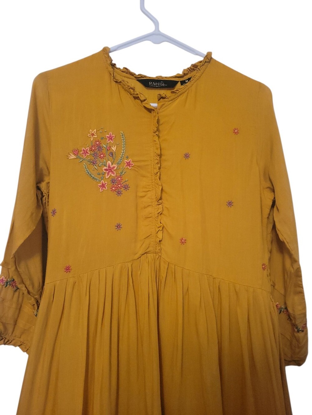 RAHI Anthropologie Embroidered Tiered Maxi Dress Mustard Boho Cottagecore Medium - Picture 3 of 7